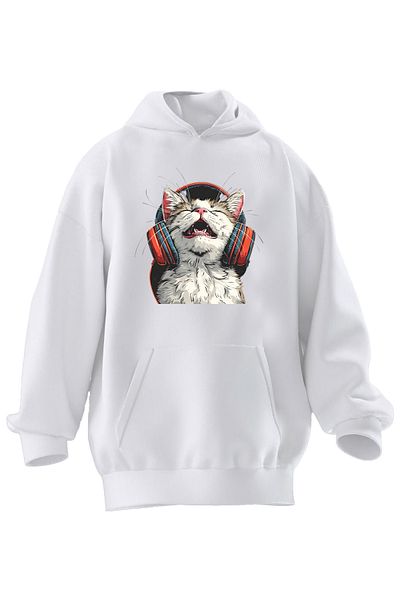 NMG TEKSTİL Φούτερ Unisex Premium βαμβακερό λευκό γάτα με στάμπα με κουκούλα με 3 νήματα