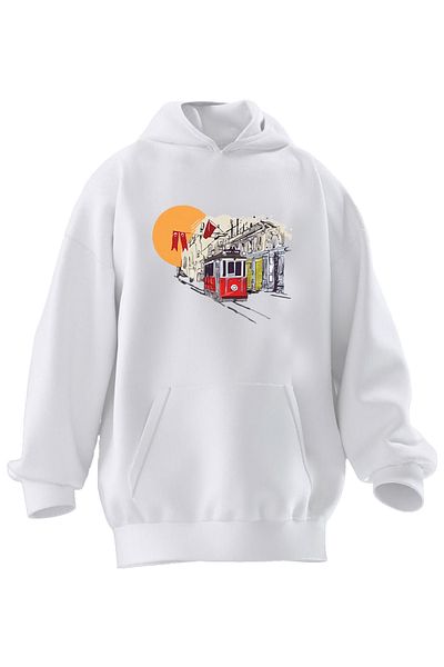 NMG TEKSTİL Φούτερ με κουκούλα Unisex Premium Cotton White Taksim Tram με στάμπα με 3 νήματα