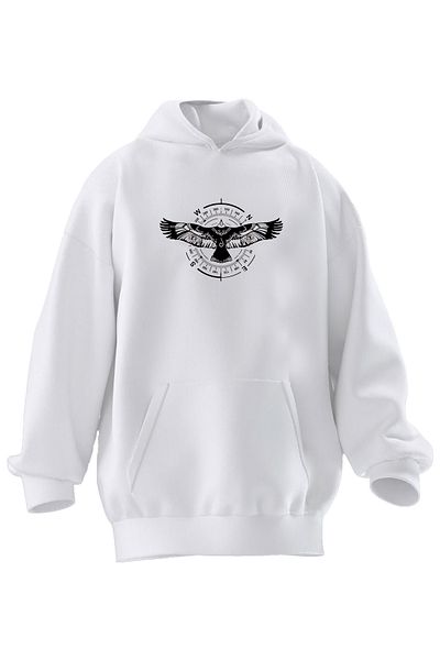 NMG TEKSTİL Φούτερ με κουκούλα Unisex Premium Cotton White Eagle Compass με στάμπα 3 νημάτων