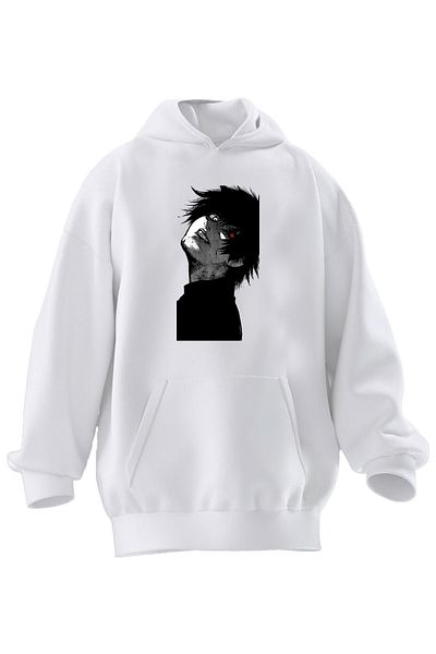 NMG TEKSTİL Φούτερ με κουκούλα Unisex Premium Βαμβακερό Λευκό με Κόκκινα Μάτια Ανδρικός χαρακτήρας Anime με στάμπα με κουκούλα με 3 νήματα