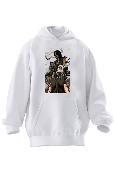NMG TEKSTİL Λευκό Smoky Unisex φούτερ - Warrior Print, κουκούλα με 3 νήματα