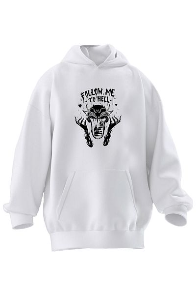 NMG TEKSTİL Φούτερ με κουκούλα Unisex Premium Cotton White Follow Me Devil με στάμπα με 3 νήματα