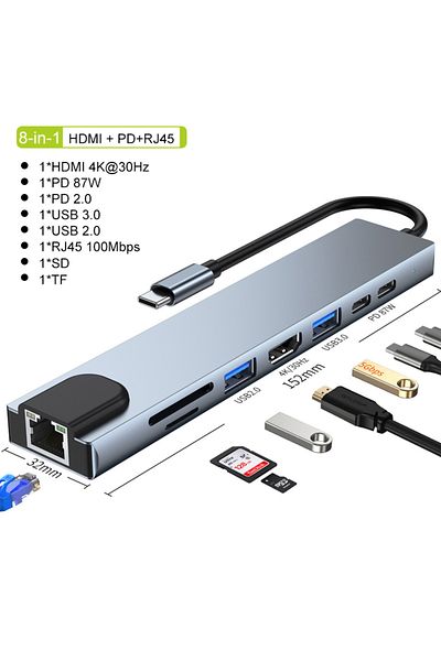 Choice موزع USB C 8 في 1 HDMI PD RJ45 من النوع C وموزع Thunderbolt 3 ومحطة إرساء ومحول للكمبيوتر المحمول مع نظام التشغيل Mac