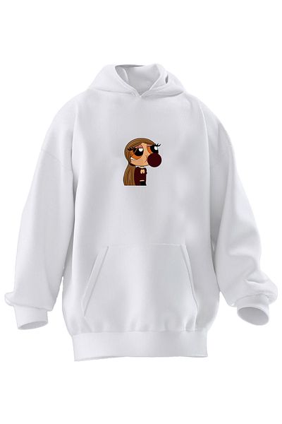NMG TEKSTİL Hanorac cu glugă unisex din bumbac premium, alb, maro, cu imprimeu Powergirl, cu 3 fire