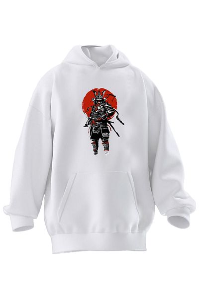 NMG TEKSTİL Unisex Premium βαμβακερή λευκή αφίσα Samurai Φούτερ με κουκούλα με 3 νήματα με στάμπα κόκκινη πανσέληνος