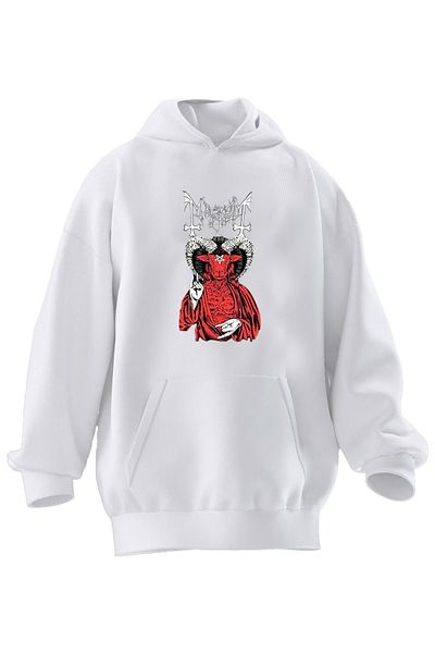NMG TEKSTİL Φούτερ με κουκούλα Unisex Premium Βαμβακερό Λευκό Baphomet Red Devil με στάμπα με 3 νήματα