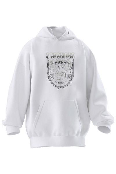 NMG TEKSTİL Hanorac cu glugă unisex din bumbac premium alb Scorpions Scorpion Rock Believer imprimat cu 3 fire