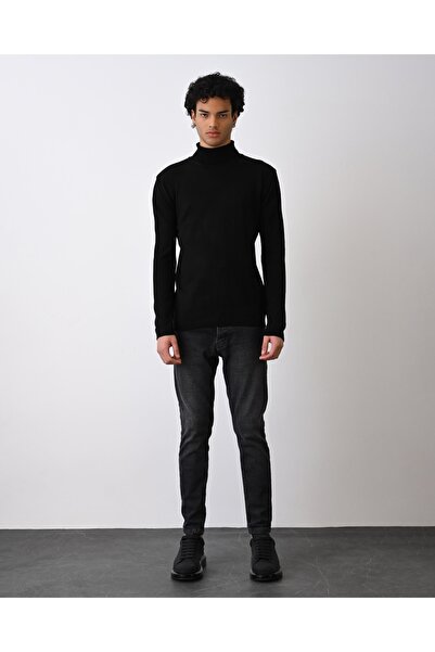 İLKCET MODA Pulover tricotat pentru bărbați, negru, cu gât înalt