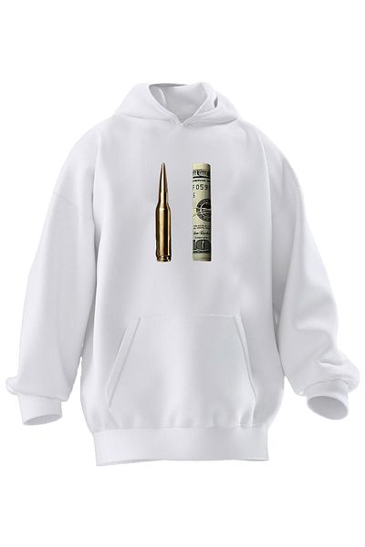 NMG TEKSTİL Hanorac cu glugă unisex din bumbac premium alb cu glugă, imprimat cu 3 fire