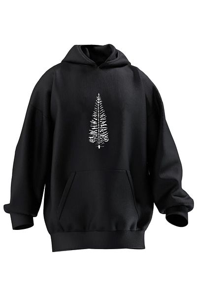 NMG TEKSTİL Unisex Premium Cotton Black Pine Tree Pattern Printed 3 Thread Hooded Sweatshirt