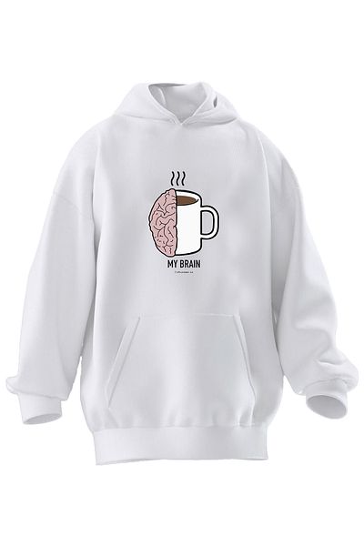 NMG TEKSTİL Φούτερ με κουκούλα Unisex Premium Cotton White My Brain Coffe με στάμπα 3 νημάτων