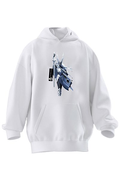 NMG TEKSTİL Φούτερ Unisex Premium Βαμβακερή Λευκή Σαμουράι με στάμπα με κουκούλα με 3 νήματα