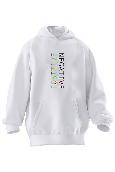 NMG TEKSTİL Φούτερ Unisex Premium Βαμβακερό Λευκό Θετικό Αρνητικό με κουκούλα με 3 νήματα