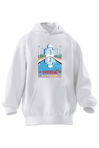 NMG TEKSTİL Hanorac cu glugă unisex din bumbac premium alb Taj Mahal imprimat cu 3 fire