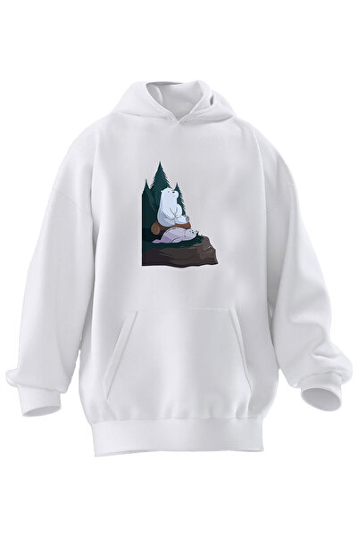 NMG TEKSTİL سويت شيرت بقلنسوة بطبعة دب قطبي أبيض و3 خيوط للجنسين