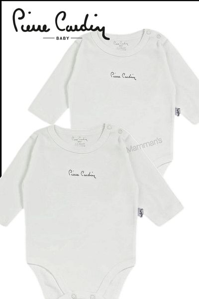Pierre Cardin Long Sleeve 2-Piece White Baby Bodysuit with Cotton Snap Fasteners