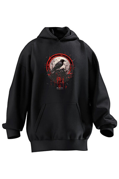 NMG TEKSTİL Unisex Premium Cotton Black Crow War Printed 3 Thread Hooded Swea...