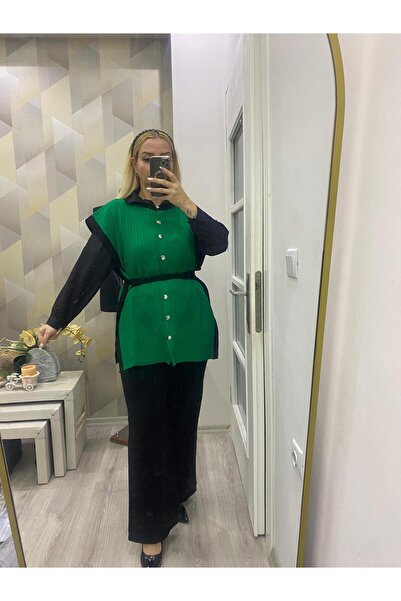 SUSEEMODA Bağlama Detay Yelekli Triko İkili Takım Yeşil