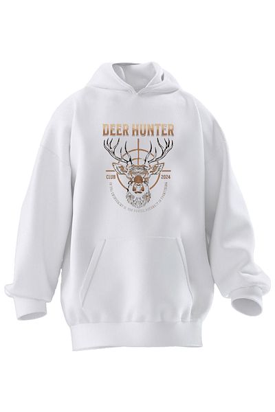 NMG TEKSTİL Φούτερ με κουκούλα Unisex Premium βαμβακερό λευκό ελάφι Hunter Deer με στάμπα με 3 νήματα