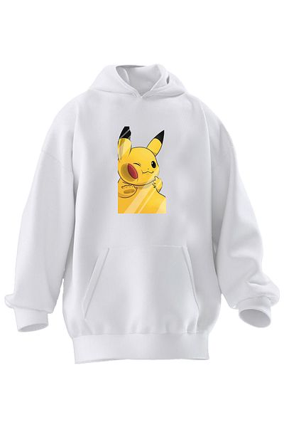 NMG TEKSTİL Φούτερ με κουκούλα Unisex Premium από βαμβακερό λευκό γυαλί Pikachu με στάμπα με 3 νήματα