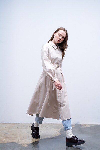 QANU Volanlı Trençkot Bej