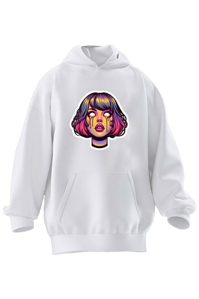 NMG TEKSTİL Φούτερ με κουκούλα Unisex Premium Βαμβακερό Λευκό Ψυχεδελικό Τρίλιγμα με στάμπα με 3 νήματα