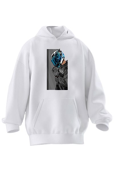 NMG TEKSTİL Ανδρικό φούτερ με κουκούλα Unisex Premium Cotton White Biker με στάμπα 3 νημάτων