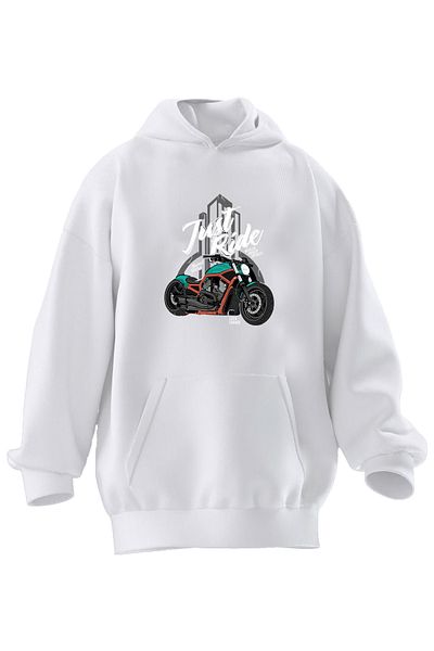 NMG TEKSTİL Φούτερ με κουκούλα Unisex Premium Cotton White Just Ride Motor με στάμπα 3 νημάτων