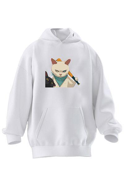 NMG TEKSTİL Φούτερ με κουκούλα Unisex Premium από βαμβακερό λευκό μπέιζμπολ γάτα με στάμπα 3 νημάτων
