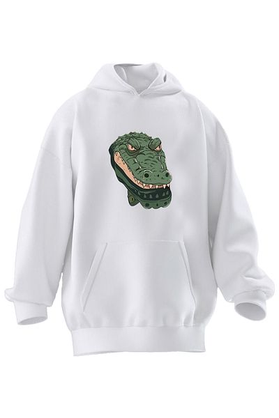 NMG TEKSTİL Φούτερ με κουκούλα Unisex Premium βαμβακερό λευκό κροκόδειλο με στάμπα με 3 νήματα
