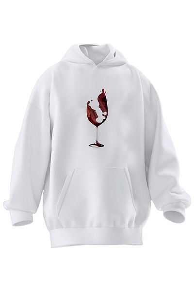 NMG TEKSTİL Hanorac cu glugă unisex din bumbac premium alb, roșu vin, imprimat cu 3 fire