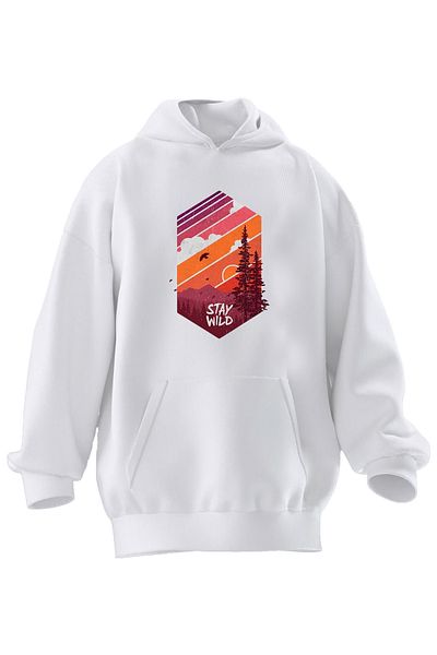 NMG TEKSTİL Φούτερ με κουκούλα Unisex Premium Cotton White Stay Wild με στάμπα 3 νημάτων