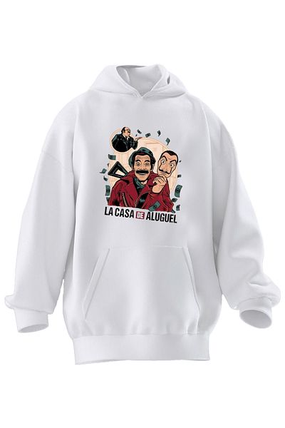 NMG TEKSTİL Φούτερ Unisex Premium βαμβακερό λευκό Lacasada με μουστάκι με κουκούλα με 3 νήματα