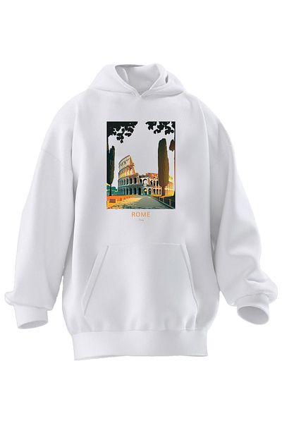 NMG TEKSTİL Φούτερ με κουκούλα Unisex Premium Cotton White Rome με τυπωμένη αφίσα με 3 νήματα