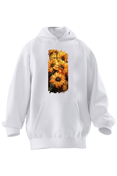 NMG TEKSTİL Φούτερ με κουκούλα Unisex Premium βαμβακερό λευκό ηλίανθο με στάμπα με 3 νήματα