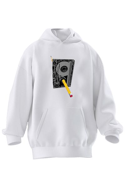 NMG TEKSTİL Φούτερ με κουκούλα Unisex Premium βαμβακερό λευκό κασέτα με στάμπα 3 νημάτων