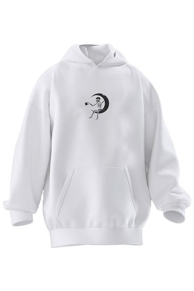 NMG TEKSTİL Φούτερ με κουκούλα Unisex Premium βαμβακερό λευκό μισοφέγγαρο με στάμπα με 3 νήματα