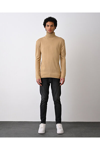 İLKCET MODA Pulover pentru bărbați din tricot de pescar cu guler înalt bej-gri