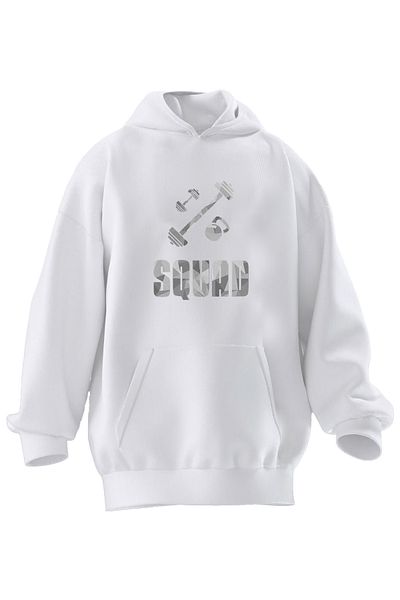 NMG TEKSTİL Hanorac cu glugă unisex din bumbac premium, alb, gri, cu imprimeu ghemuit, cu 3 fire