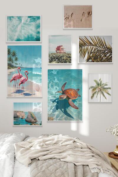 Postifull Beyaz Tablo Seti, 8 Adet Çerçeve Seti,California - Okyanus Yaşamı Temalı Galeri Poster Seti NO:049