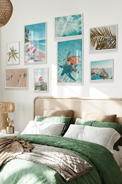 Postifull Beyaz Tablo Seti, 8 Adet Çerçeve Seti,California - Okyanus Yaşamı Temalı Galeri Poster Seti NO:049