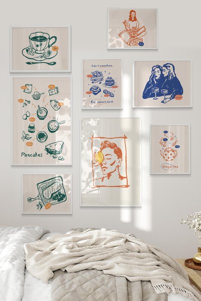 Postifull Beyaz Tablo Seti, 8 Adet Çerçeve Seti,Minimalist Mutfak Temalı Galeri Poster Seti NO:037