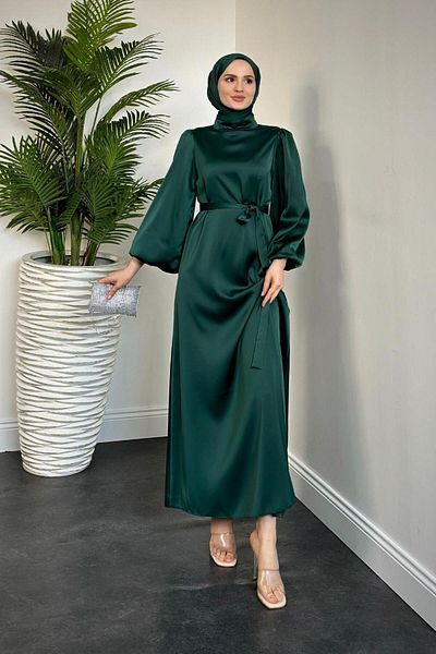 MERVEN AKYÜZ Balloon Sleeve Satin Emerald Dress - Dimitra