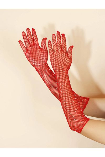 Elegance Scarf Long Red Stylish Bridal Gloves - Tulle and Stone Detailed Wedding/Wedding Gloves