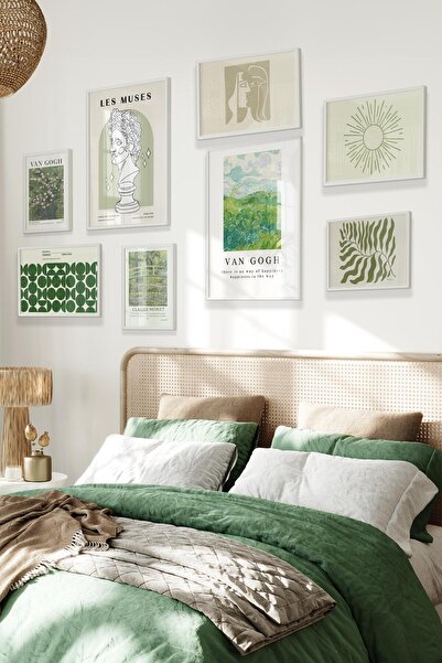 Postifull Beyaz Tablo Seti, 8 Adet Çerçeve Seti,Minimalist ve Yeşil Van Gogh ...