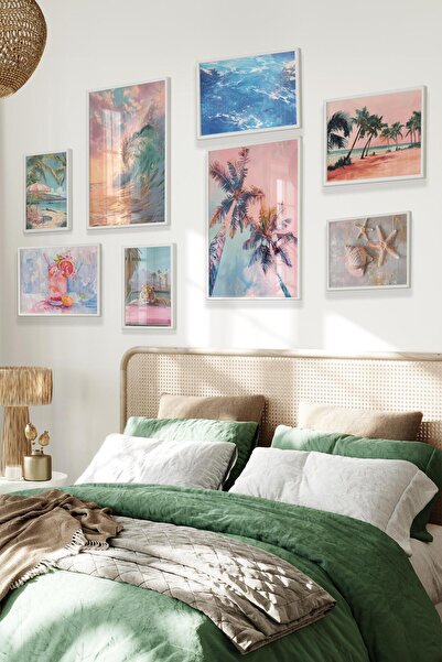 Postifull Beyaz Tablo Seti, 8 Adet Çerçeve Seti,Rengarenk Sahil Temalı Galeri Poster Seti NO:019