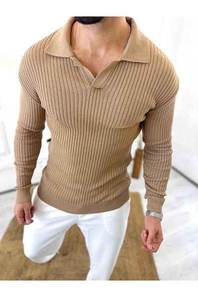 elkumoda Пуловер Slim Fit Поло яка Оребрена мека текстурирана блуза без топчета