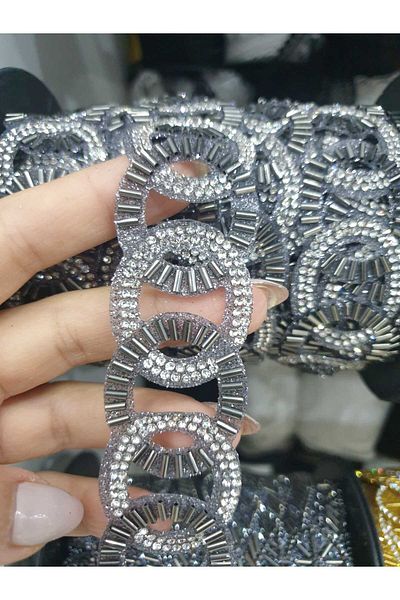 ESRA ŞELEM Anthracite Circular Decorative Strip - Iron-On Rhinestone Beaded Applique Clothing Hobby