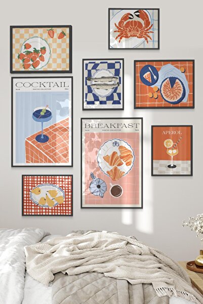 Postifull Siyah Tablo Seti, 8 Adet Çerçeve Seti,İllustrasyon Mutfak Temalı Galeri Poster Seti NO:045
