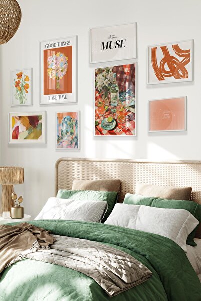 Postifull Beyaz Tablo Seti, 8 Adet Çerçeve Seti,Turuncu Vintage Temalı Galeri Poster Seti NO:050